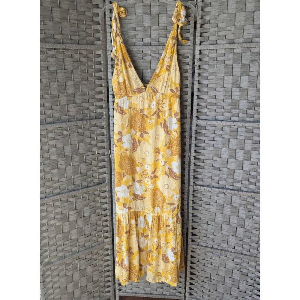 Abercrombie & Fitch Yellow Floral Tie-Strap Tiered Maxi Dress Smocked Boho‎ XS